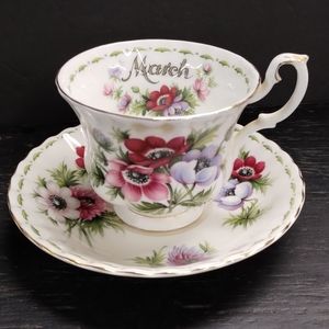 Vintage ROYAL ALBERT MARCH Flower of the month Tea Cup and Saucer ANEMONES.